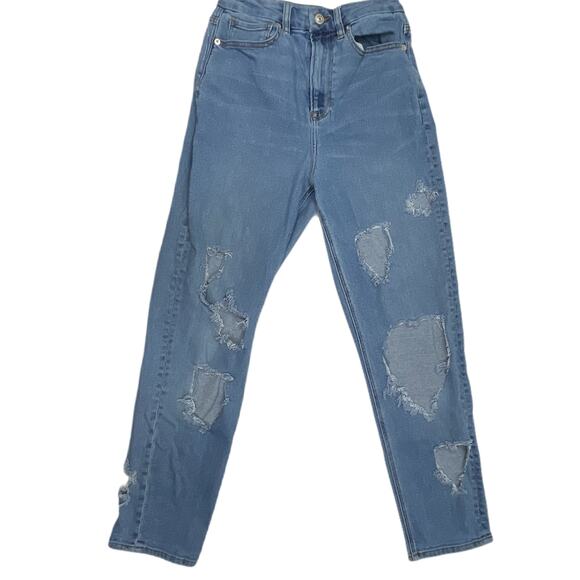American Eagle Curvy Mom Jeans Women Size 2 Distressed Blue Denim Stretch Ripped - Picture 1 of 6